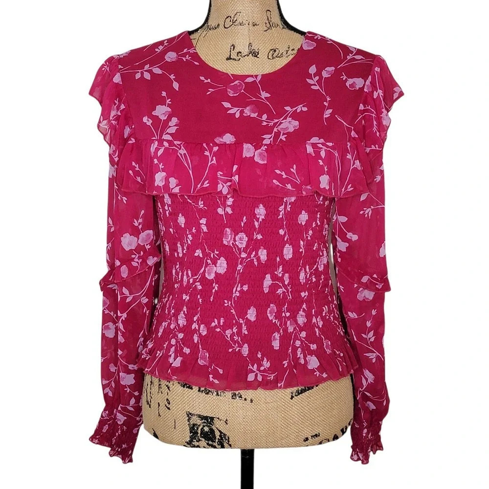 WAYF Womens Floral Smocked Ruffled Blouse Size Medium Dark Pink